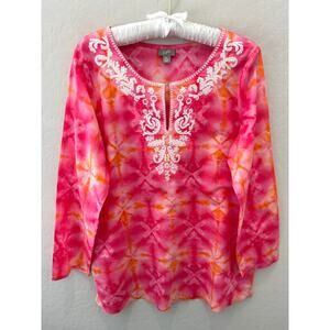 J. JILL Tunic Top Tie Dye Cotton Embroidered Boho Peasant Blouse | Petite Medium